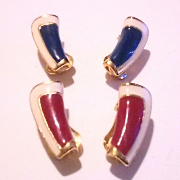 Two Pair of Red White and Blue Enamel Clip Earrings - Picture 2 of 4